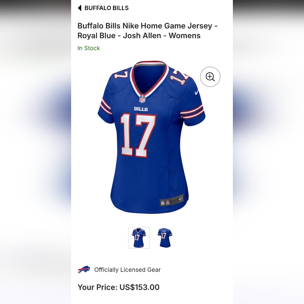Buffalo Bills Nike Home Game Jersey Royal Blue - Josh Allen - Womens Size Small
